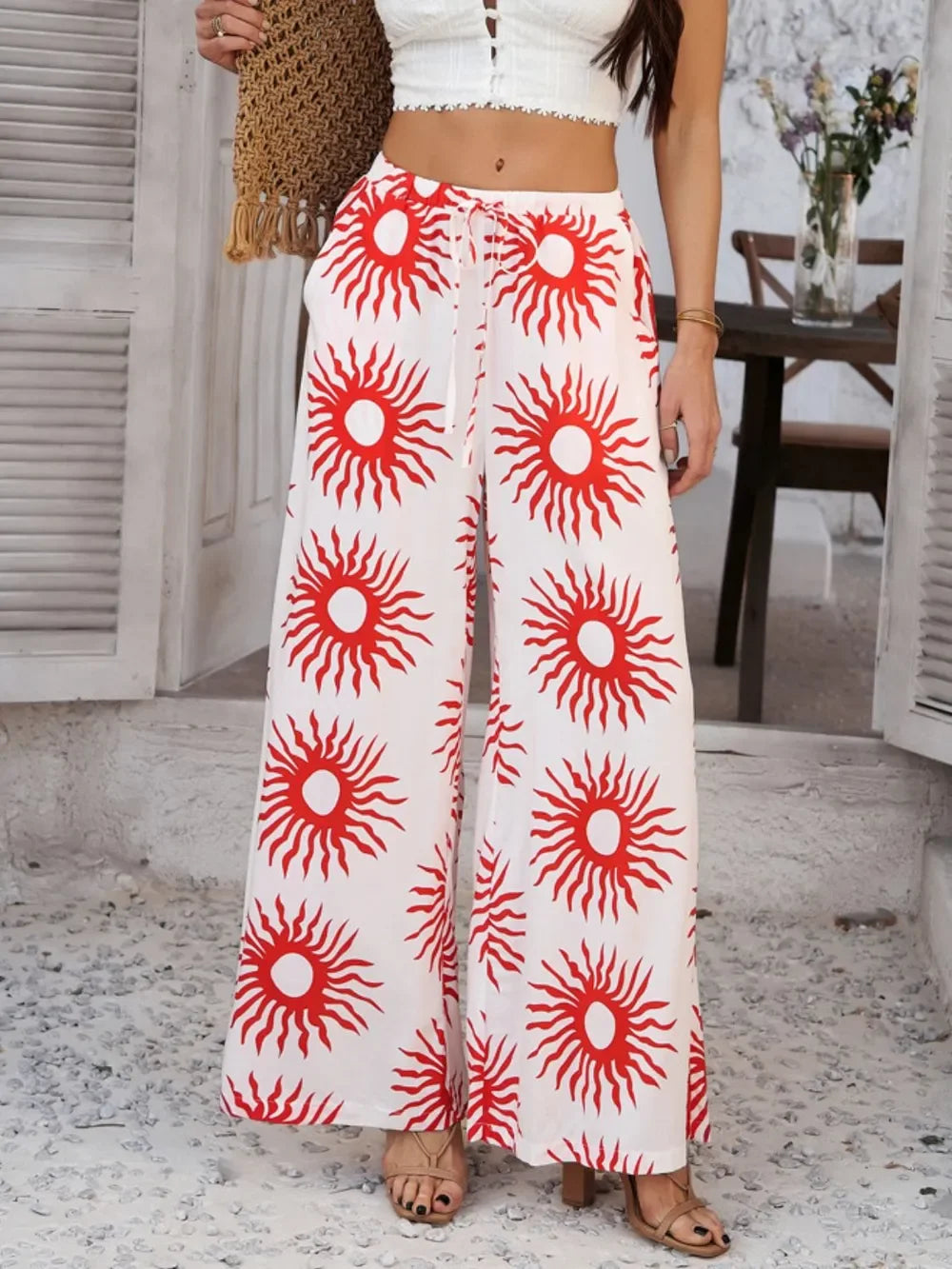 Devine Drawstring Printed Wide Leg Pants - Piña Colada