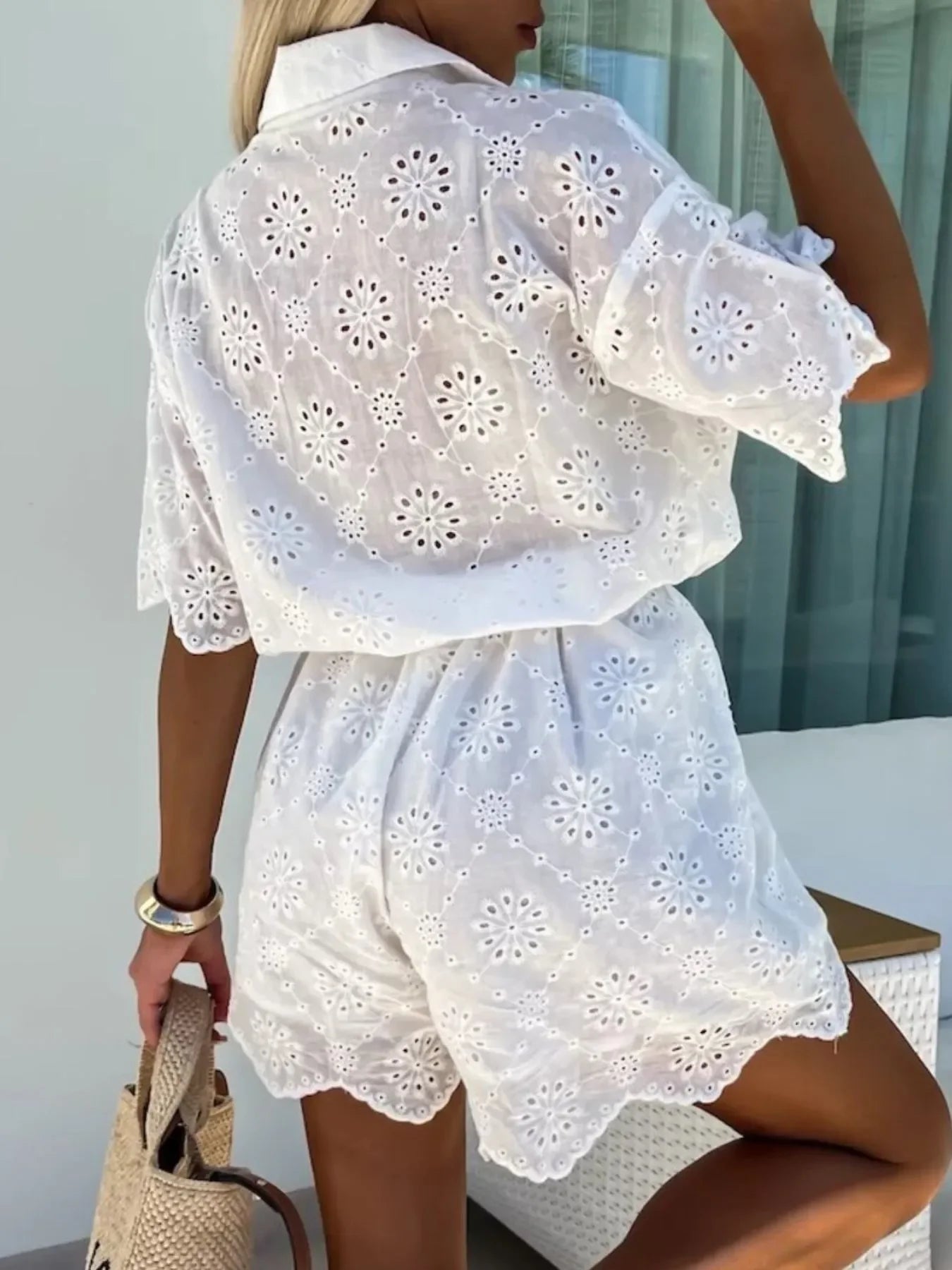 Eyelet Lace Button-Up Romper - Piña Colada