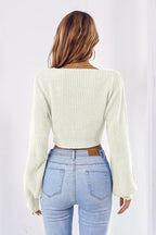 Bow V-Neck Long Sleeve Cropped Sweater - Piña Colada