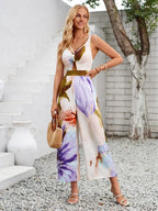 Cutout Printed Wide Strap Jumpsuit - Piña Colada
