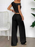 One Shoulder Top and Wide Leg Pants Set - Piña Colada