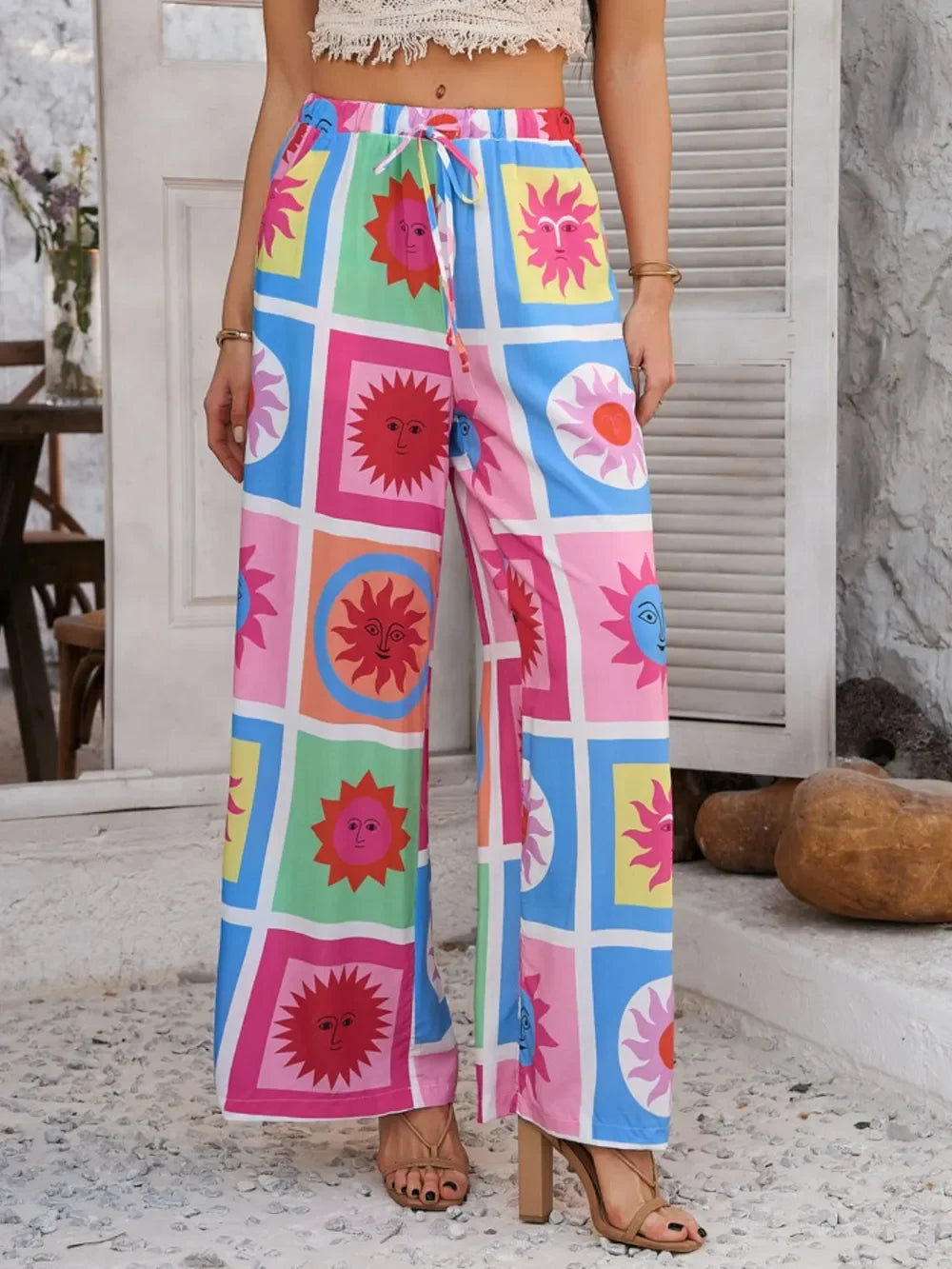 Devine Drawstring Printed Wide Leg Pants - Piña Colada