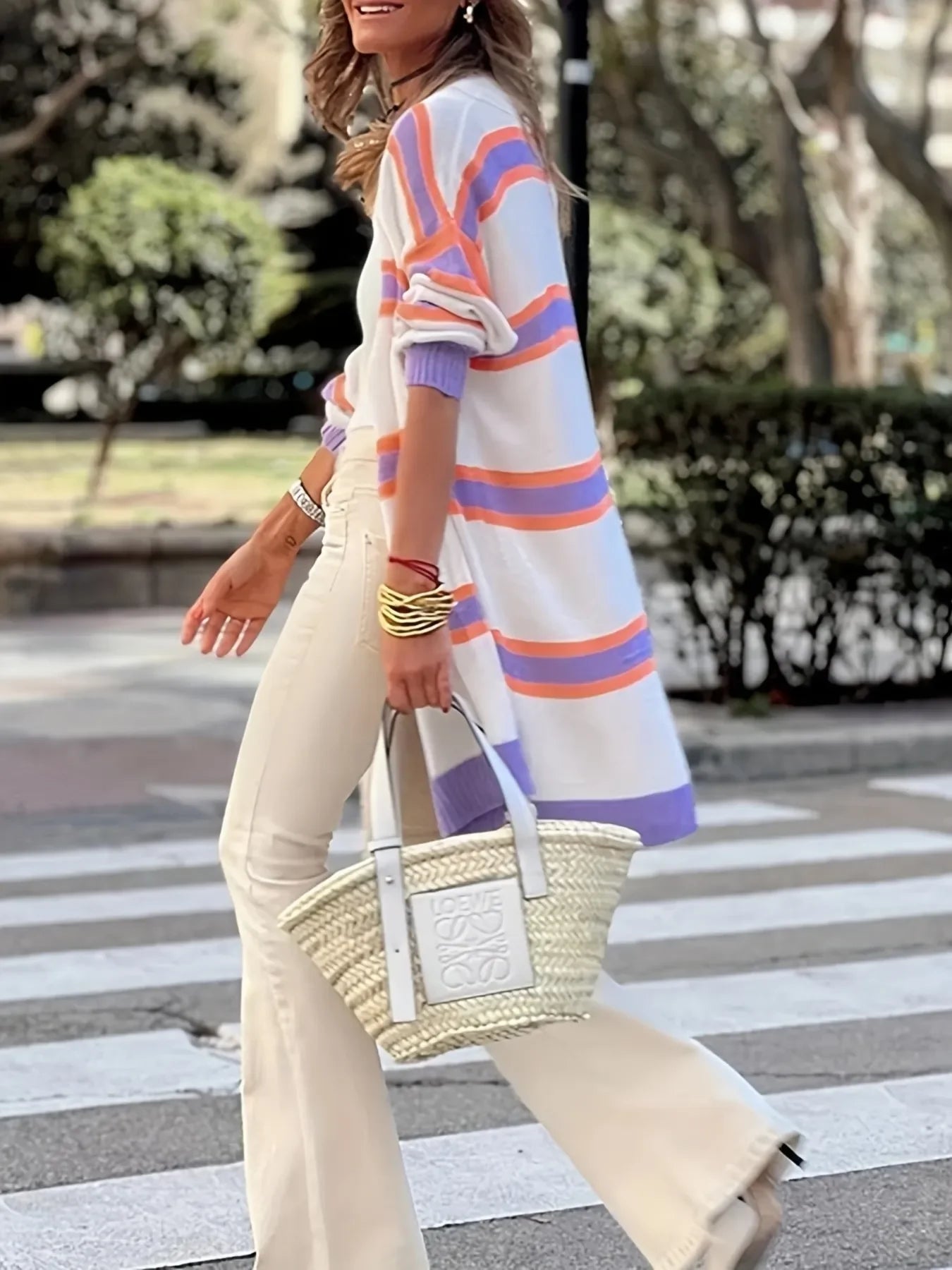 Striped Open Front Longline Cardigan - Piña Colada