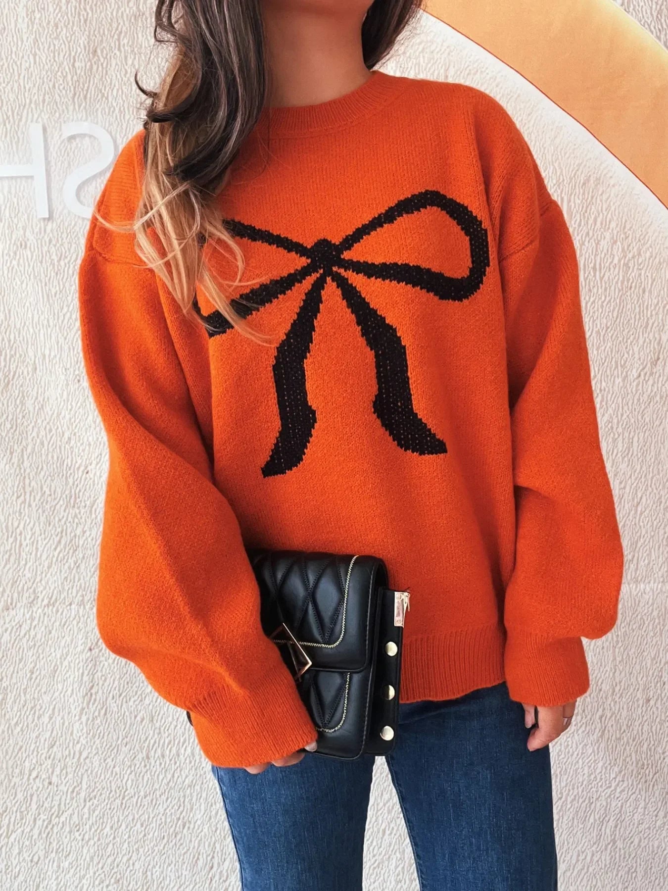 Bow Pattern Casual Long Sleeve Sweater - Piña Colada