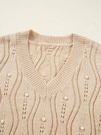 Pearl Beaded Pointelle Knit V Neck Lace Patchwork Sleeve Sweater - Piña Colada