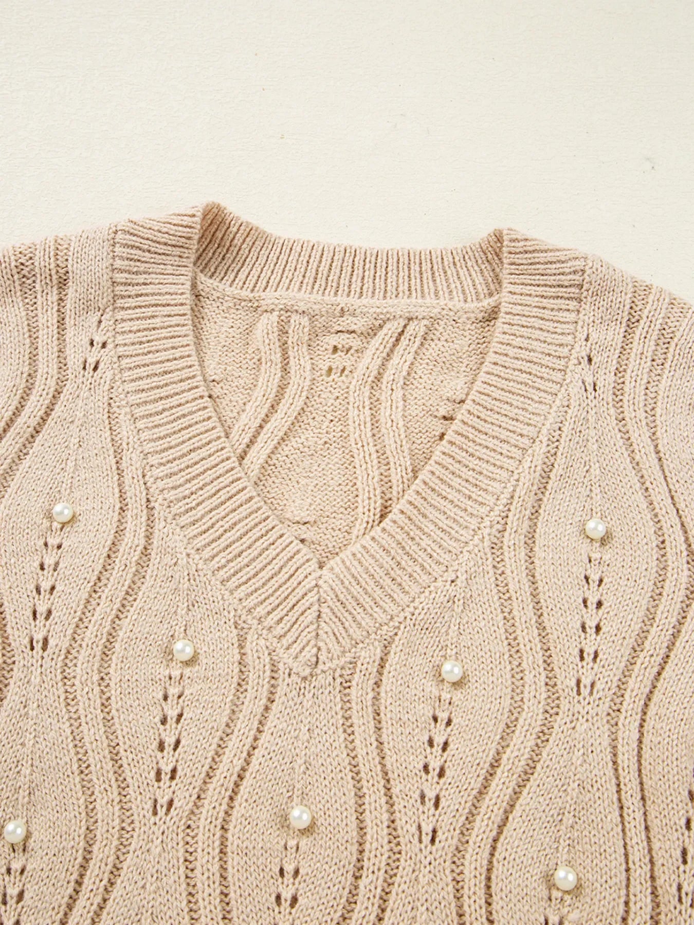 Pearl Beaded Pointelle Knit V Neck Lace Patchwork Sleeve Sweater - Piña Colada