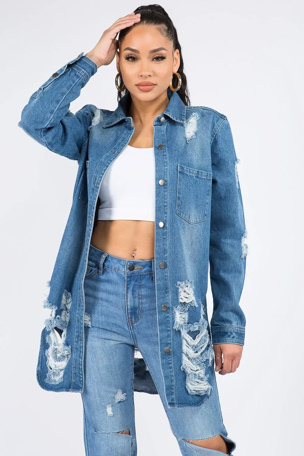 American Bazi Distressed Button Down Denim Shirt Jacket - Piña Colada