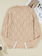 Pearl Beaded Pointelle Knit V Neck Lace Patchwork Sleeve Sweater - Piña Colada