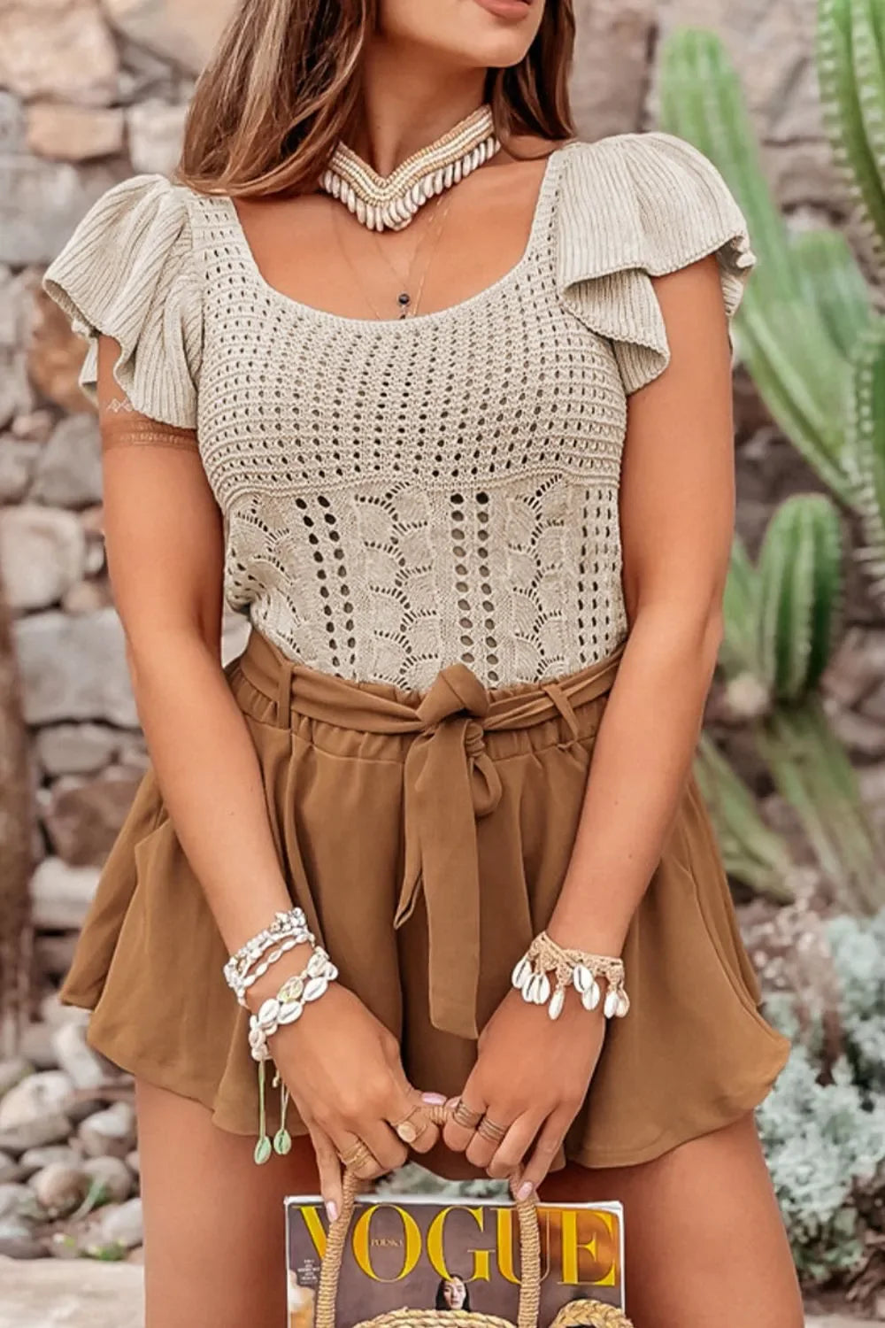 Openwork Ruffled Scoop Neck Knit Top - Piña Colada