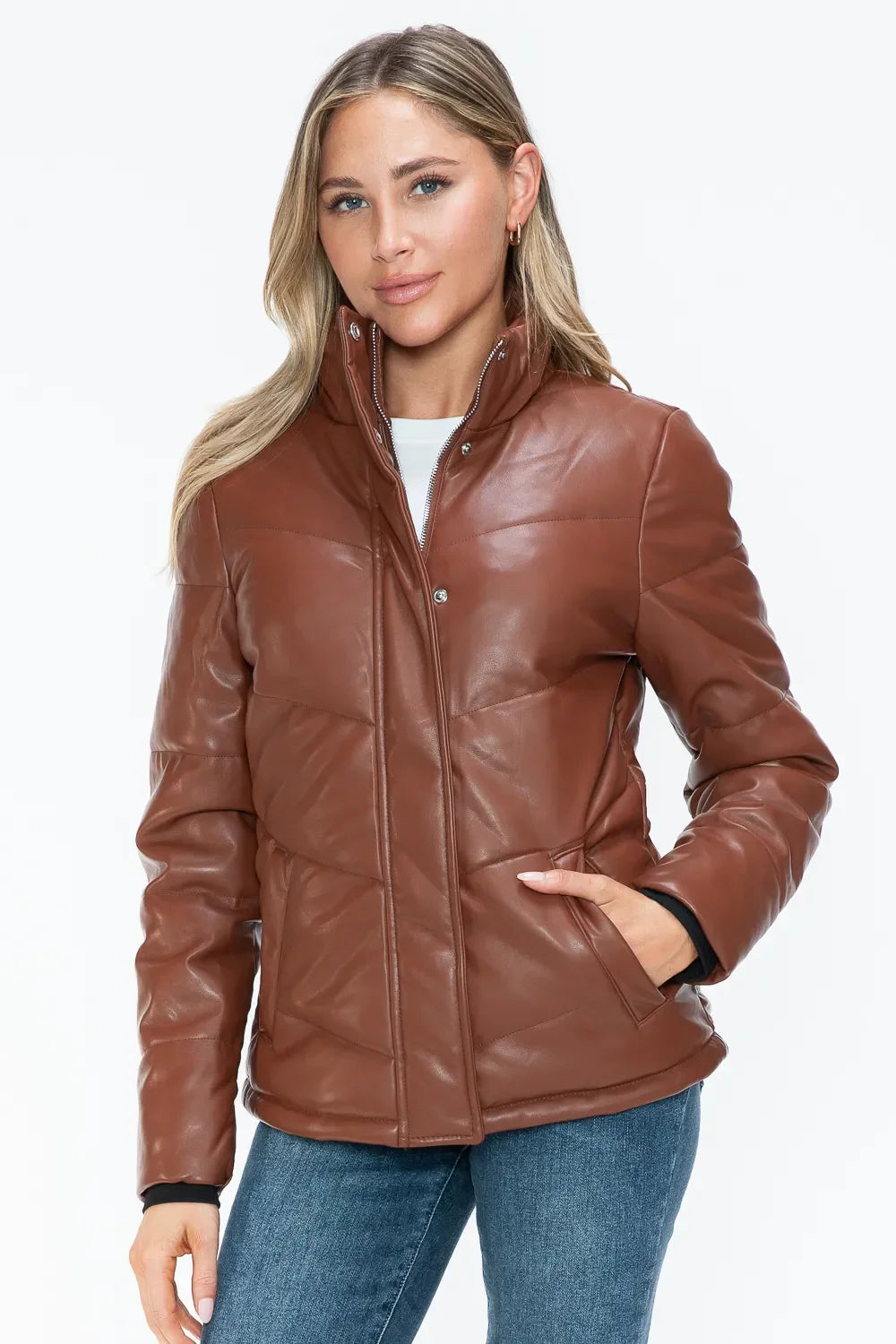 Snobbish Pocketed Zip Up Turtleneck Puffer Jacket - Piña Colada