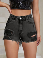 Distressed Raw Hem High Rise Denim Shorts - Piña Colada