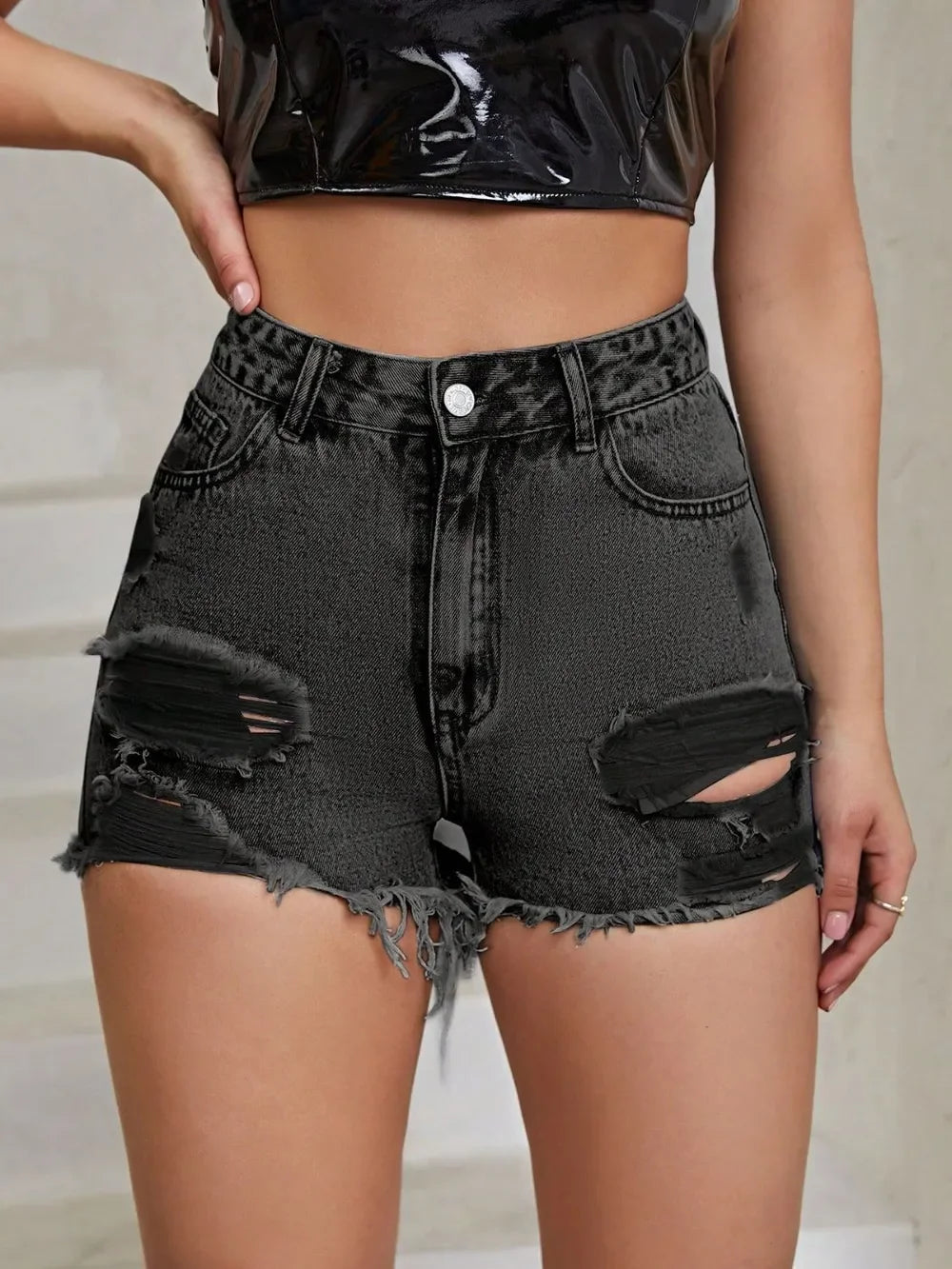 Distressed Raw Hem High Rise Denim Shorts - Piña Colada