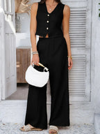 Devine Button Down Lace Detail Vest and Pants Set - Piña Colada