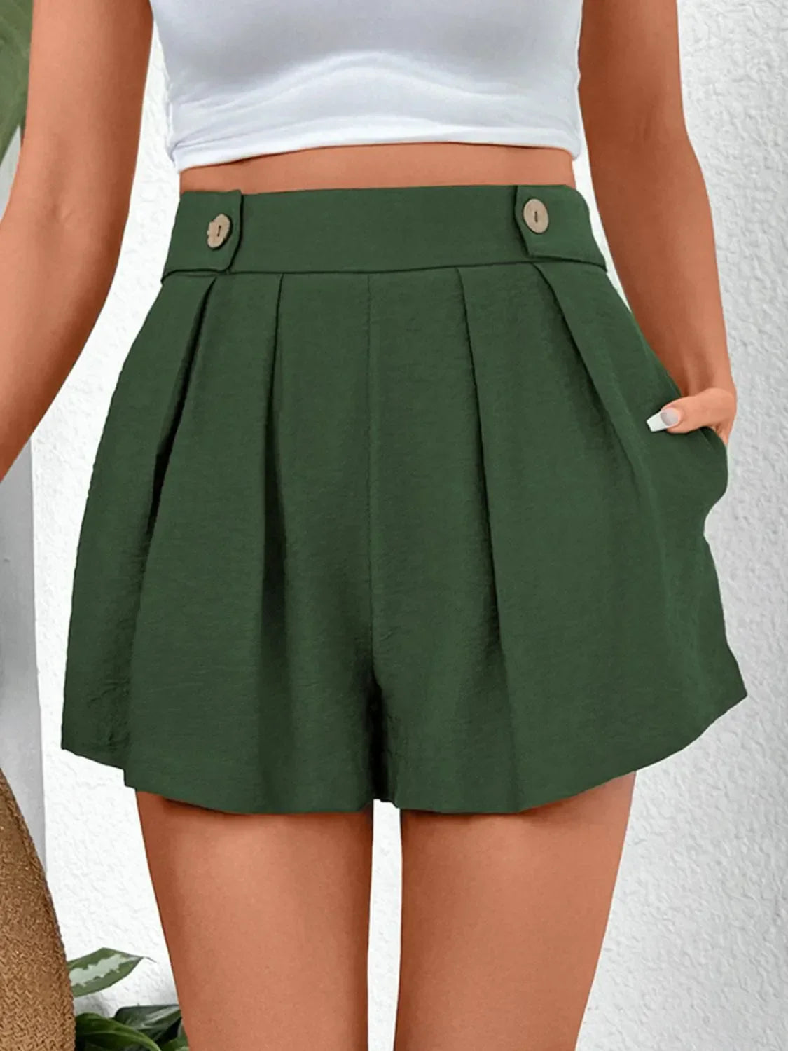 Pleated Detail Shorts with Pockets - Piña Colada