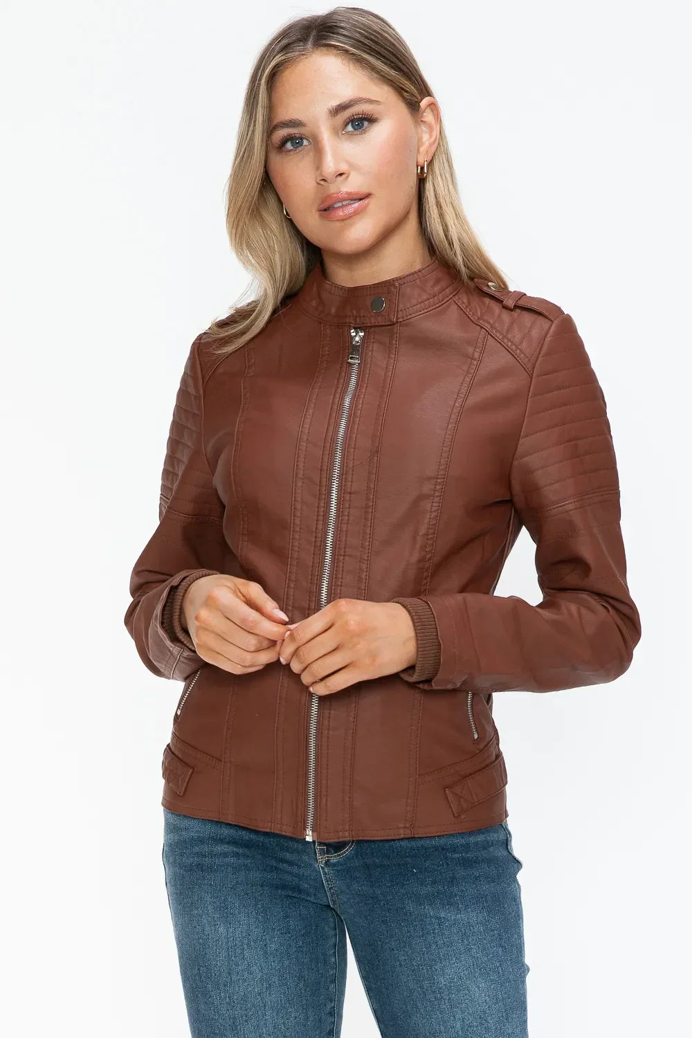Snobbish PU Leather Biker Jacket with Side Zip Pockets - Piña Colada