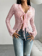 Tie Front Long Sleeve Lace Top - Piña Colada