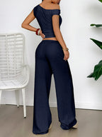 One Shoulder Top and Wide Leg Pants Set - Piña Colada