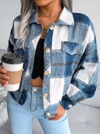 Plaid Collared Neck Long Sleeve Jacket - Piña Colada