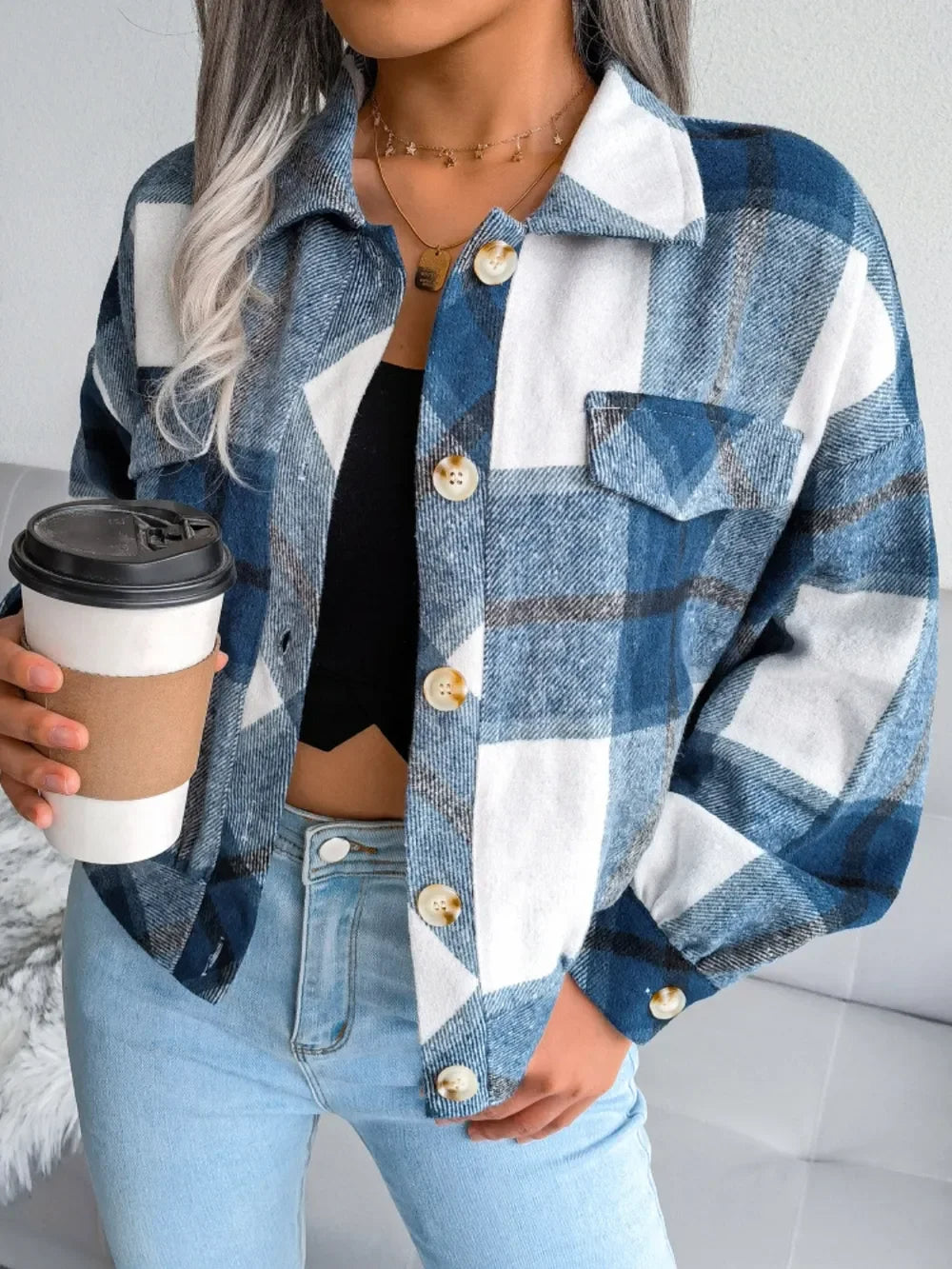 Plaid Collared Neck Long Sleeve Jacket - Piña Colada
