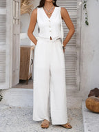 Devine Button Down Lace Detail Vest and Pants Set - Piña Colada