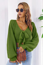 Bow V-Neck Long Sleeve Cropped Sweater - Piña Colada