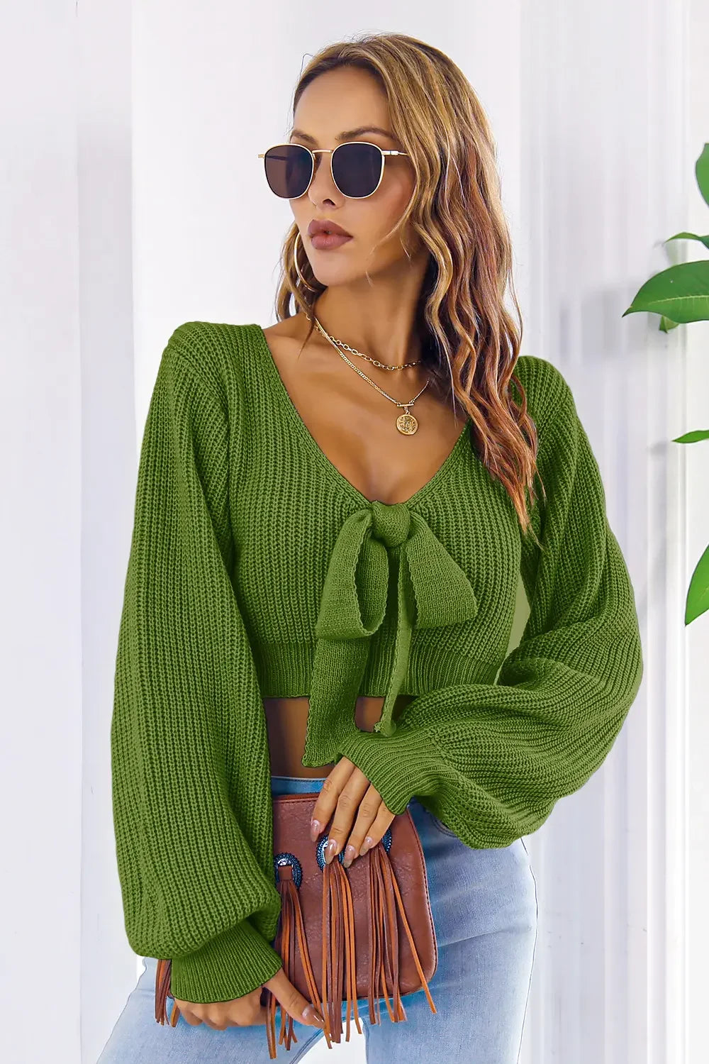 Bow V-Neck Long Sleeve Cropped Sweater - Piña Colada