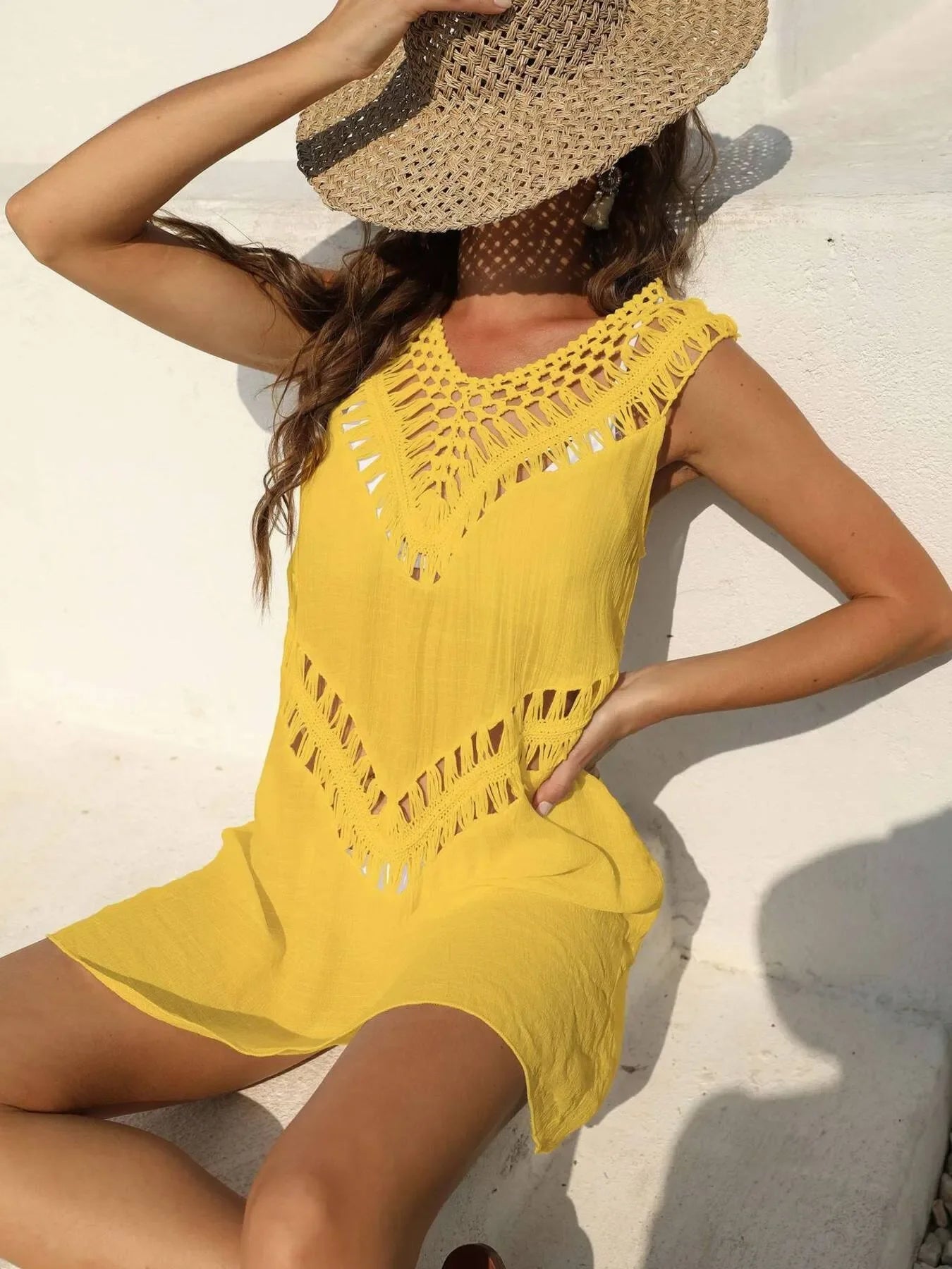 Crochet Detail Beach Cover Up Dress - Piña Colada