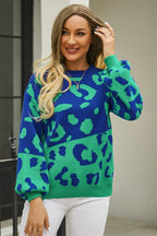 Angel Wings Woven Right Leopard Round Neck Dropped Shoulder Sweater - Piña Colada