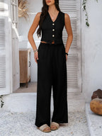 Devine Button Down Lace Detail Vest and Pants Set - Piña Colada