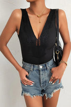 Perfee Spliced Lace Deep V Sleeveless Bodysuit - Piña Colada
