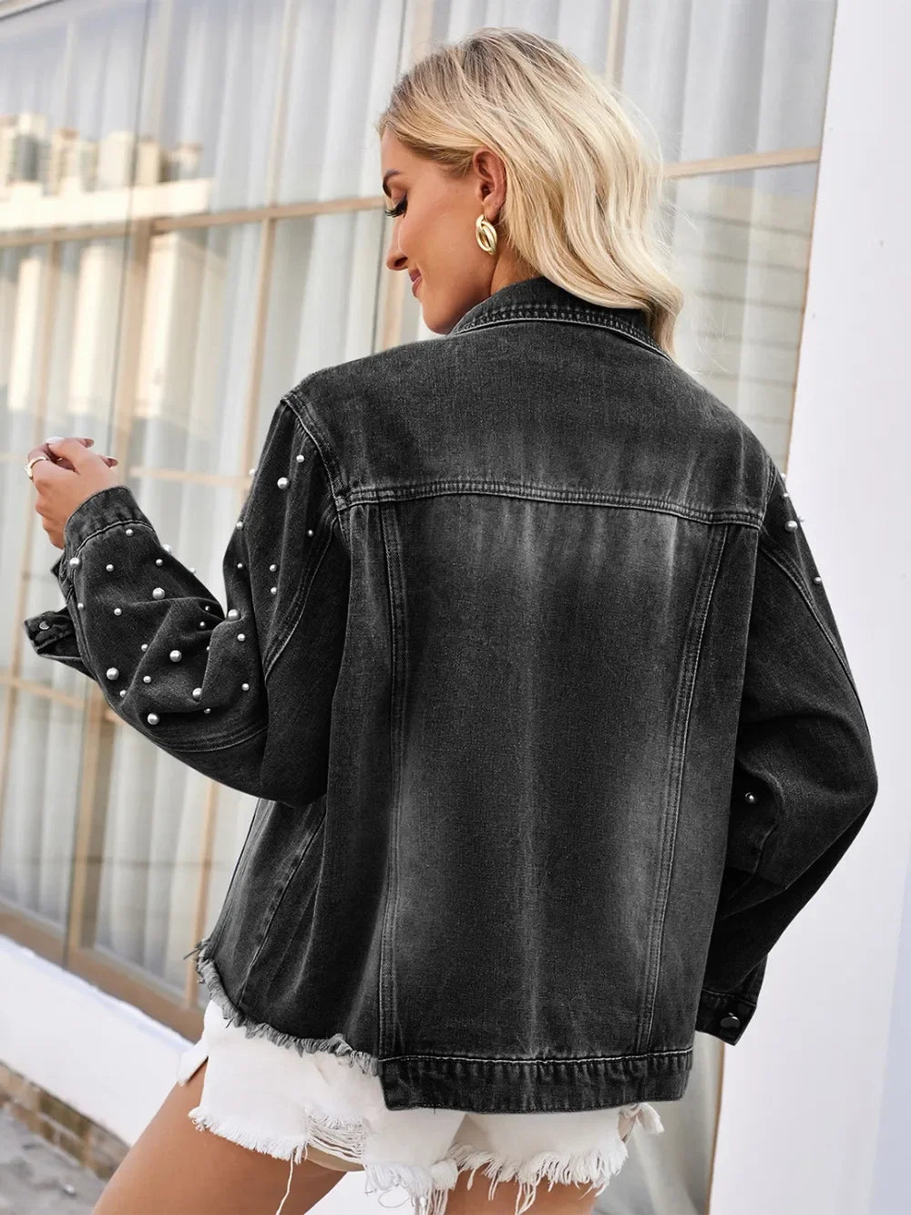 Pearl Trim Raw Hem Denim Jacket - Piña Colada