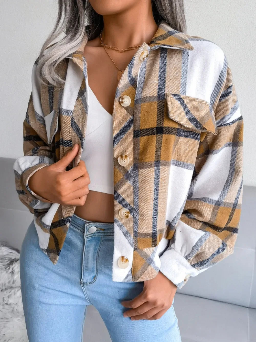 Plaid Collared Neck Long Sleeve Jacket - Piña Colada