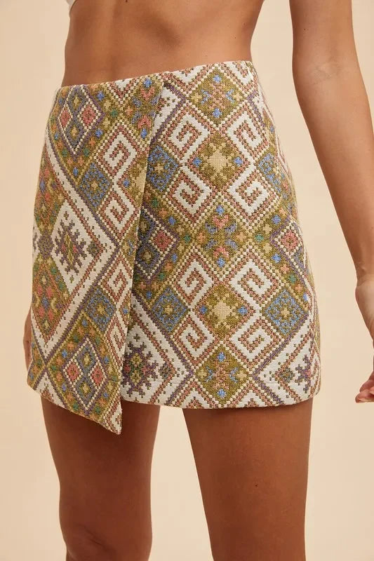 Annie Wear Ethic Woven Jacquard Wrap Mini Skirt - Piña Colada