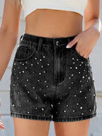 Rhinestone Washed High Waist Denim Shorts - Piña Colada