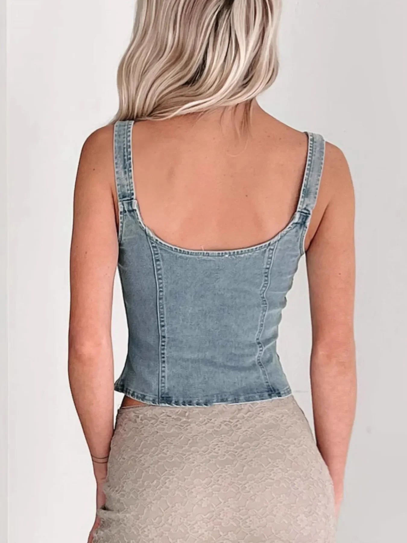 Fitted Denim Corset Tank Top with Front Zip - Piña Colada