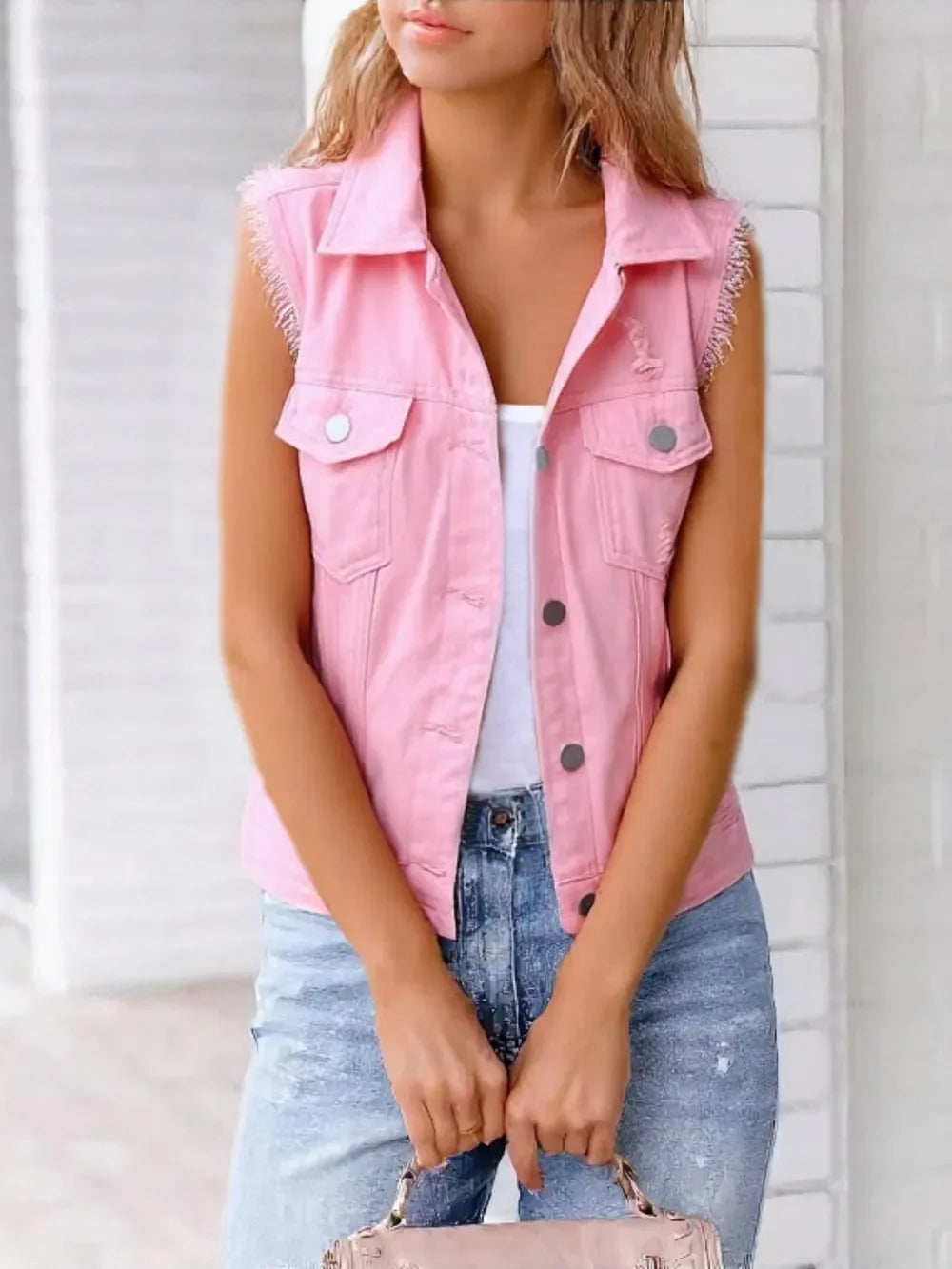 Full Size Button Down Raw Hem Sleeveless Denim Jacket Plus Size - Piña Colada