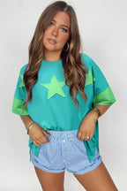 Oversized Star Patch T-Shirt – Raw Hem Split Design for Women - Piña Colada