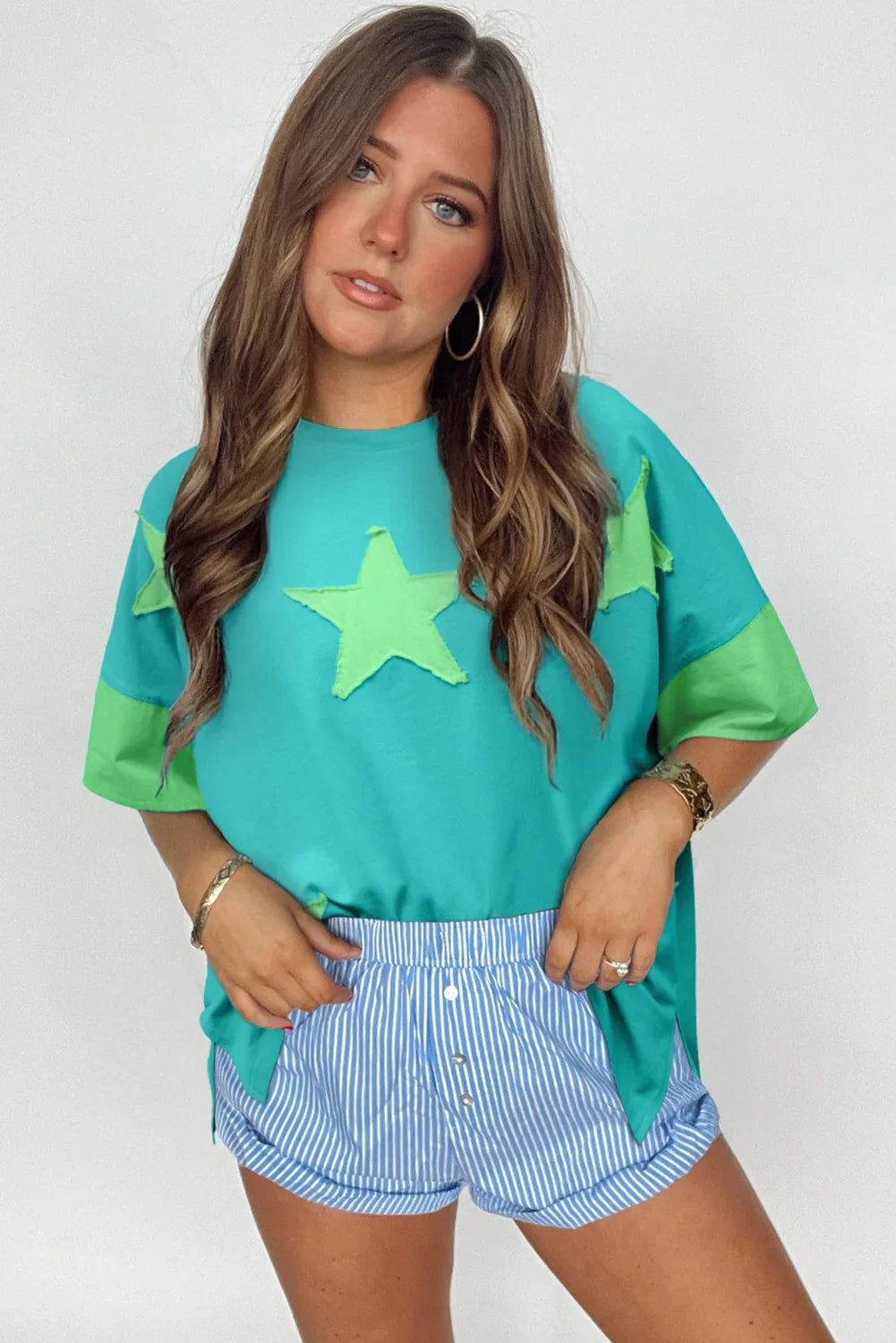 Oversized Star Patch T-Shirt – Raw Hem Split Design for Women - Piña Colada