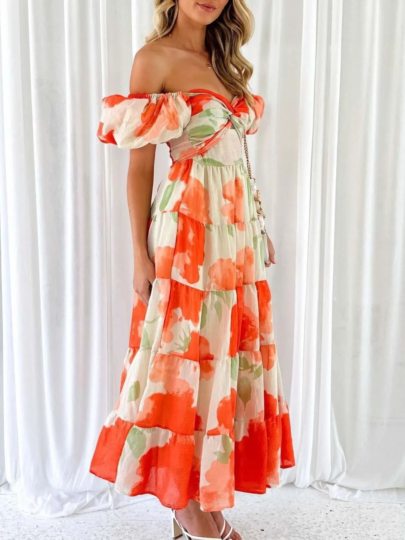 Off-Shoulder Floral Tiered Dress with Ruffle Details - Piña Colada