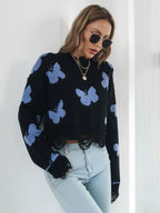 Distressed Butterfly Cropped Sweater - Piña Colada