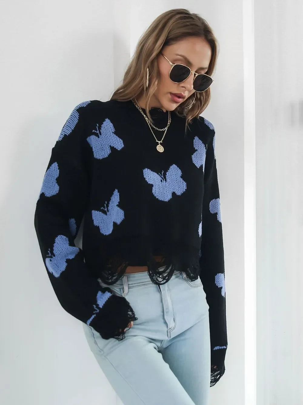 Distressed Butterfly Cropped Sweater - Piña Colada