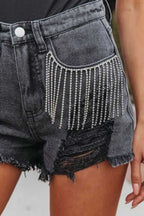 Rhinestone Fringe Distressed Denim Shorts - Piña Colada