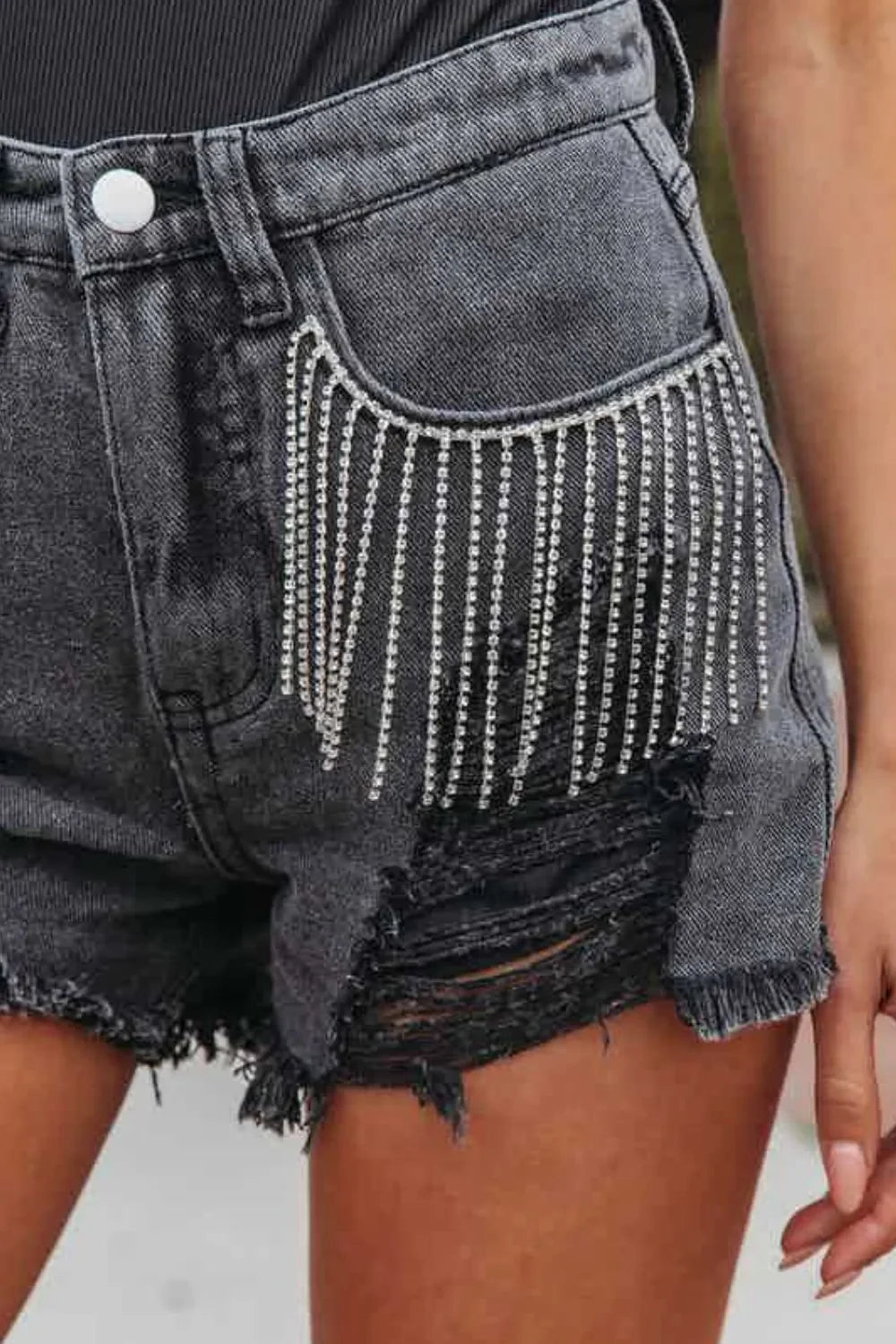 Rhinestone Fringe Distressed Denim Shorts - Piña Colada