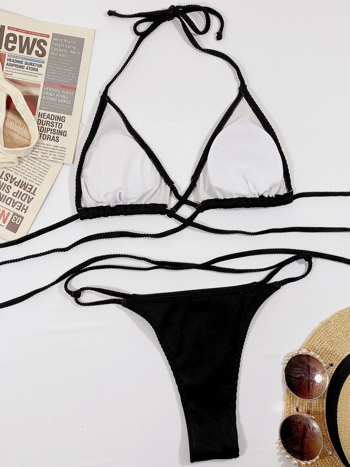 Halter Neck Crisscross Ribbed Bikini Set - Piña Colada
