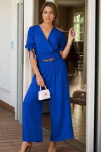 Surplice Short Sleeve Top and Pants Set - Piña Colada