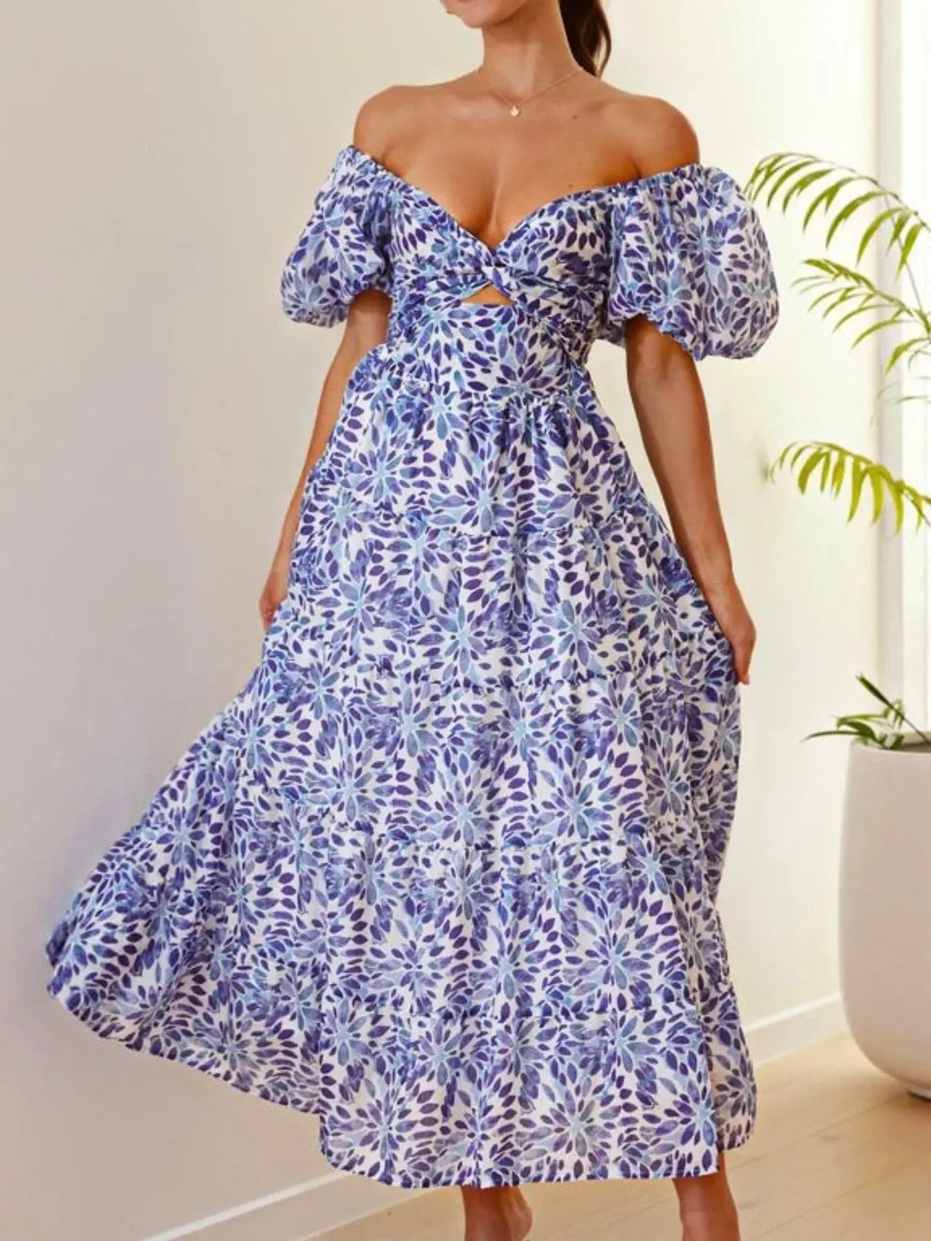 Off-Shoulder Floral Tiered Dress with Ruffle Details - Piña Colada