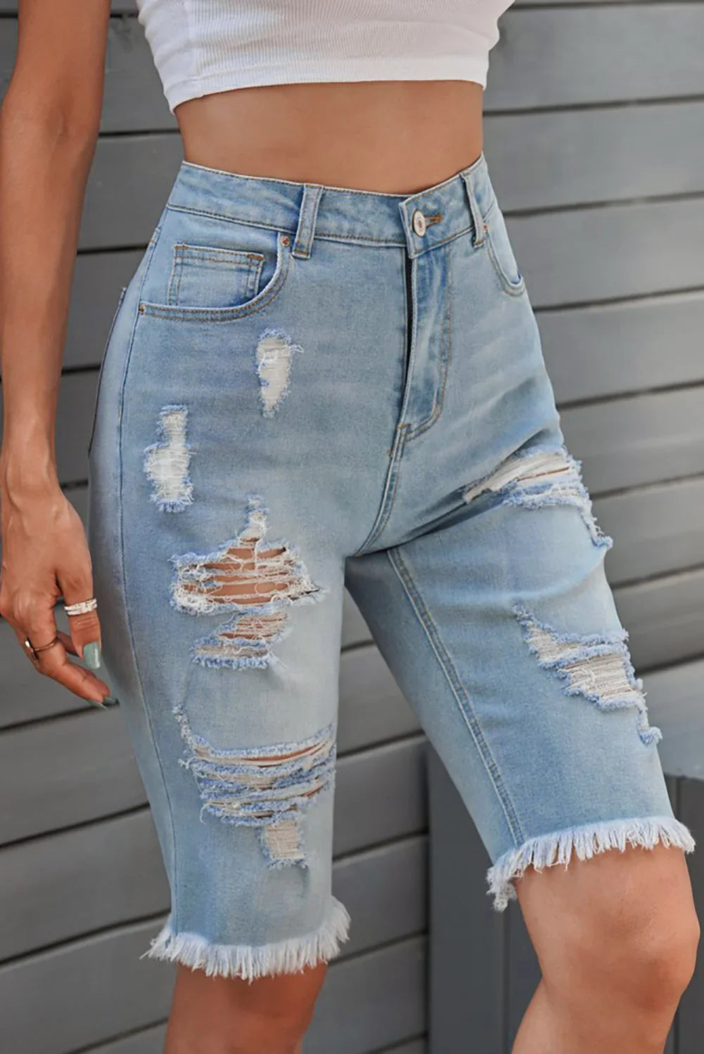 Distressed Raw Hem Denim Bermuda Shorts - Piña Colada