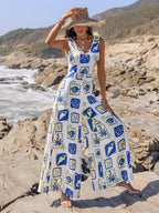 Printed V-Neck Wide Leg Jumpsuit - Piña Colada