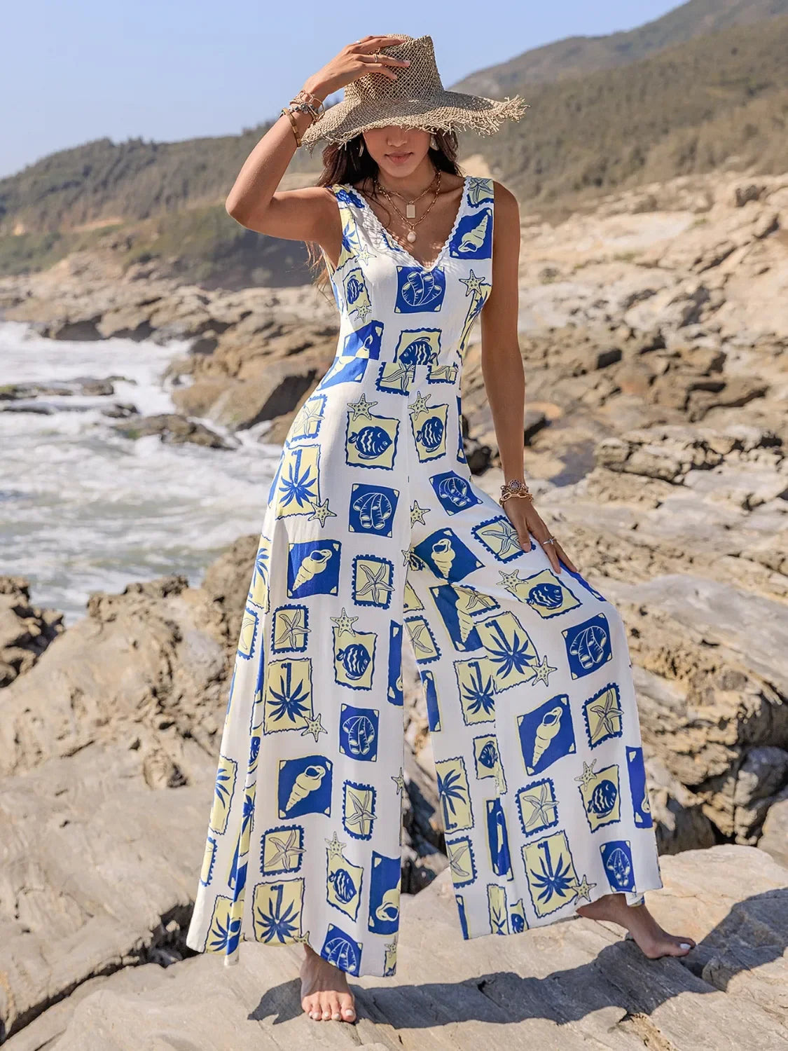 Printed V-Neck Wide Leg Jumpsuit - Piña Colada