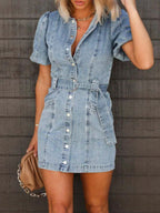 Button-Up Puff Sleeve Denim Shirt Dress. - Piña Colada